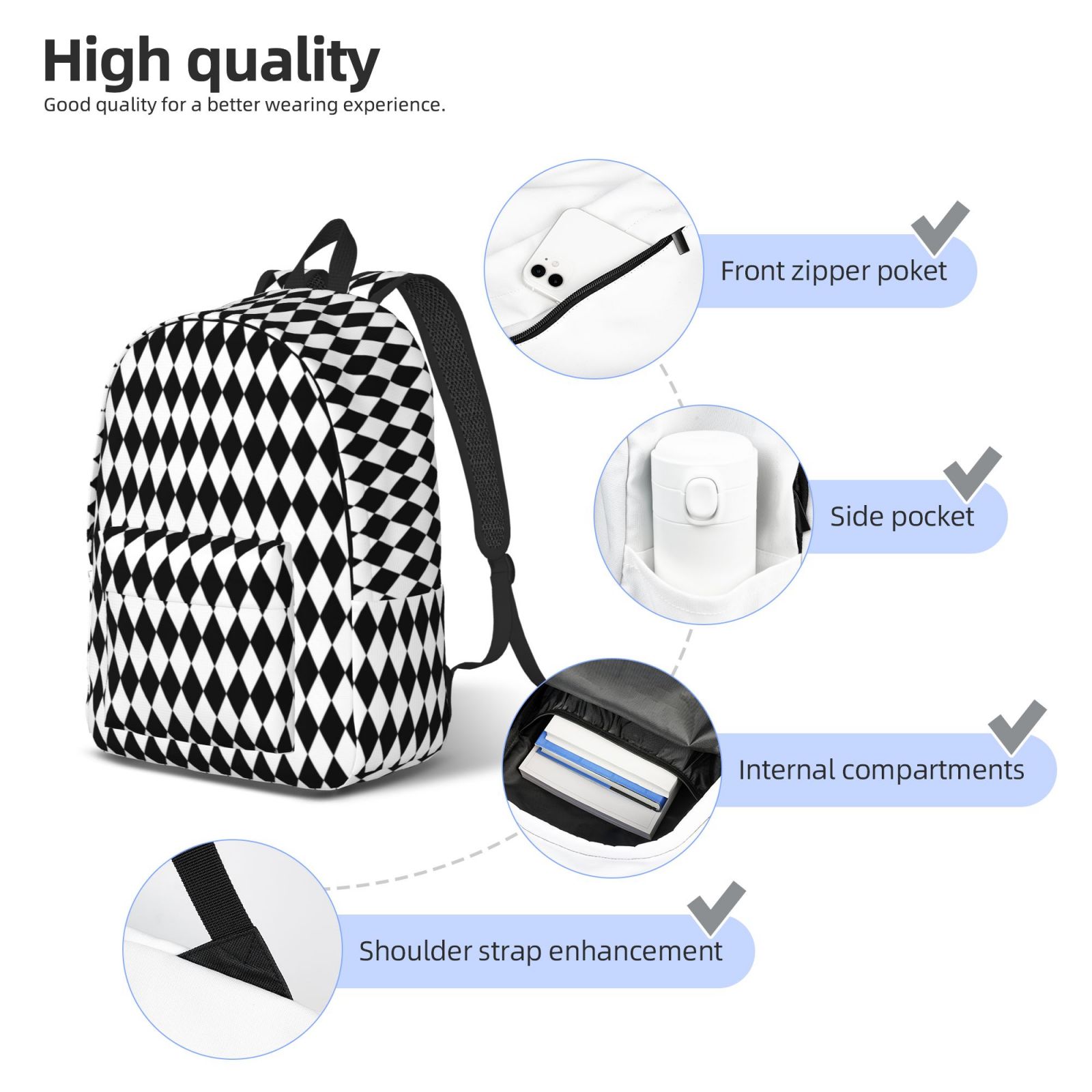 Xecao Black And White Diamonds for Canvas College Laptop Backpack, Durable Rucksack Travel Notebook Bag School Backpack Book Bag for Men Women