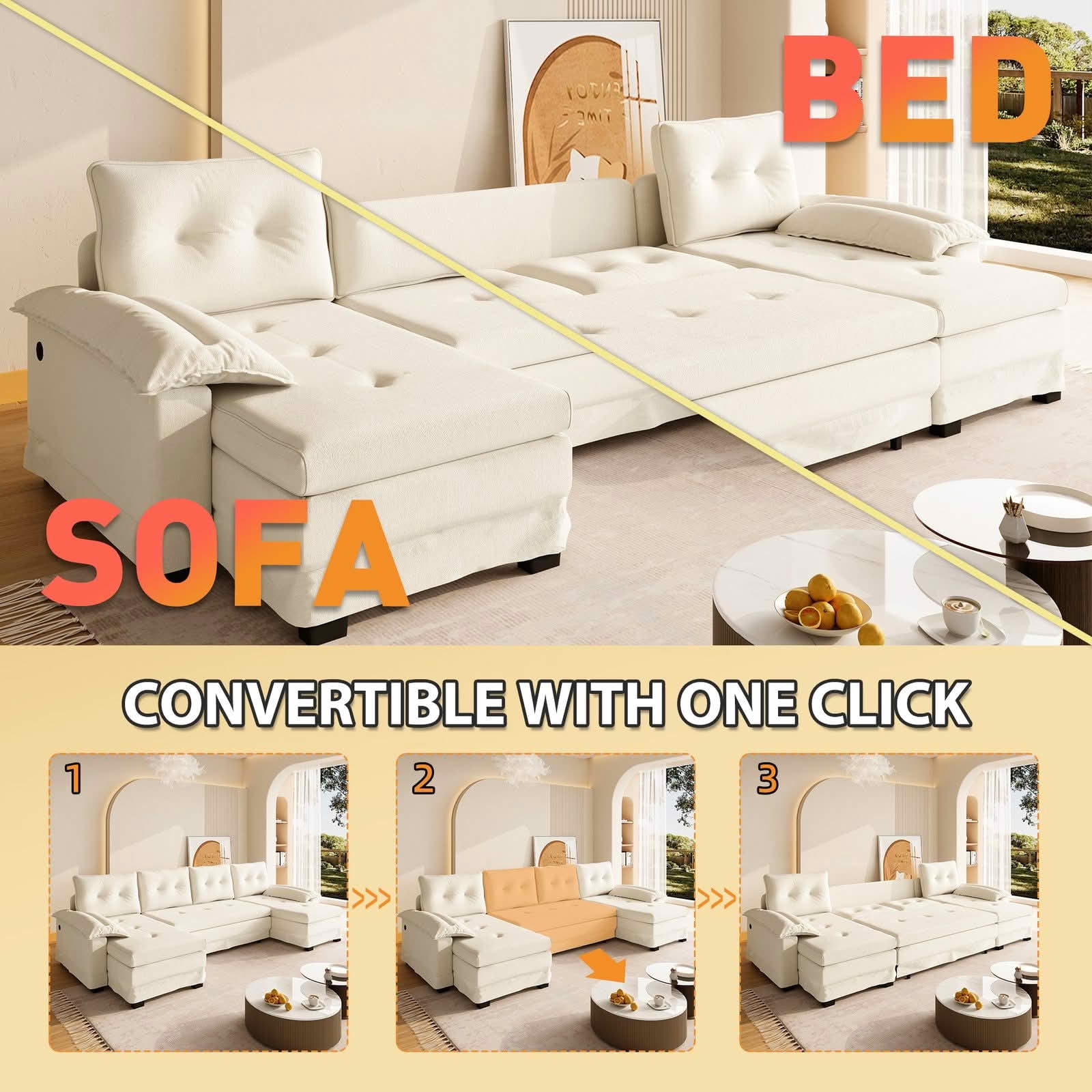 MAYEERTY 109.5" U‑Shaped Pull‑Out Sleeper Sofa, 2‑in‑1 Convertible Modular Sectional with Removable Armrests, USB Ports, Chaise Lounge, 4 Pillows Included