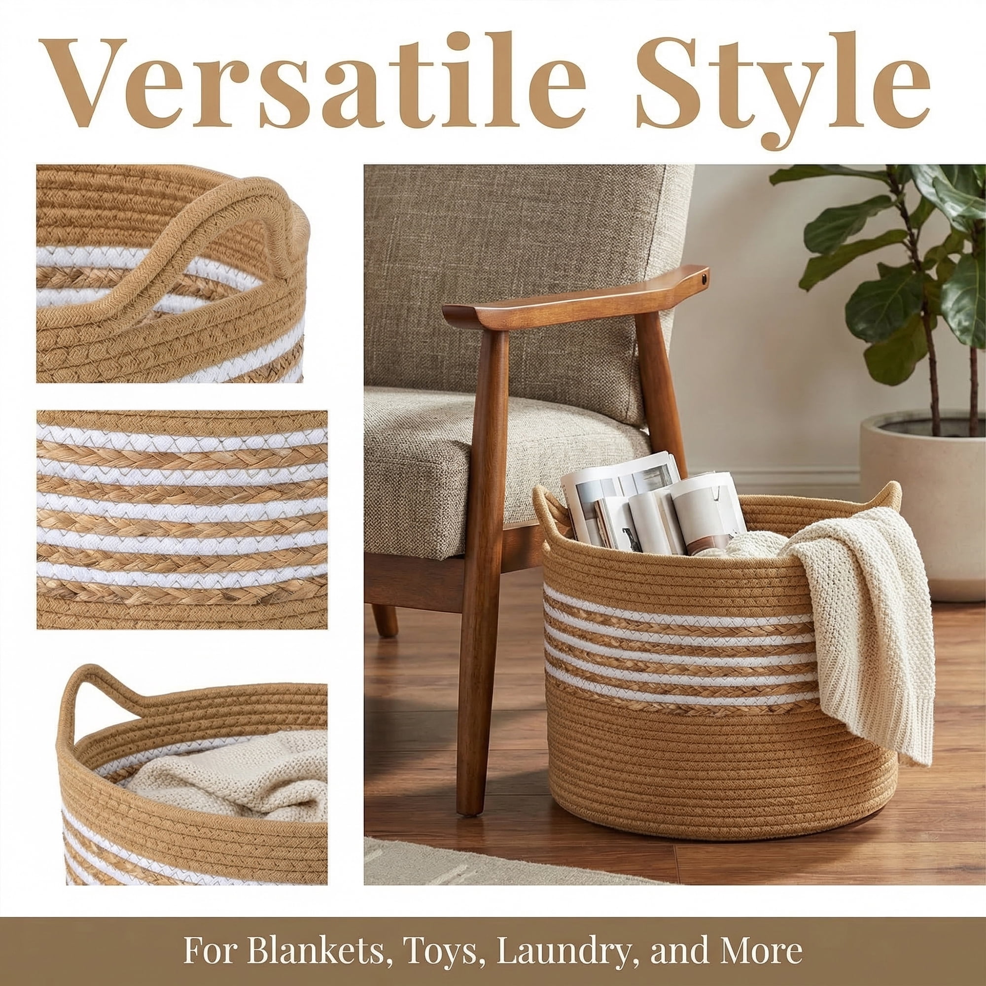 Unique Bargains Multiple Use Woven Storage Bin for Home Light Brown 17.7*17.7*12.6in