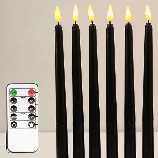 Juego de 6 velas cónicas LED negras, velas de ventana, velas ligeras, velas largas, velas a pilas (pilas no incluidas), velas eléctricas con función de temporizador.