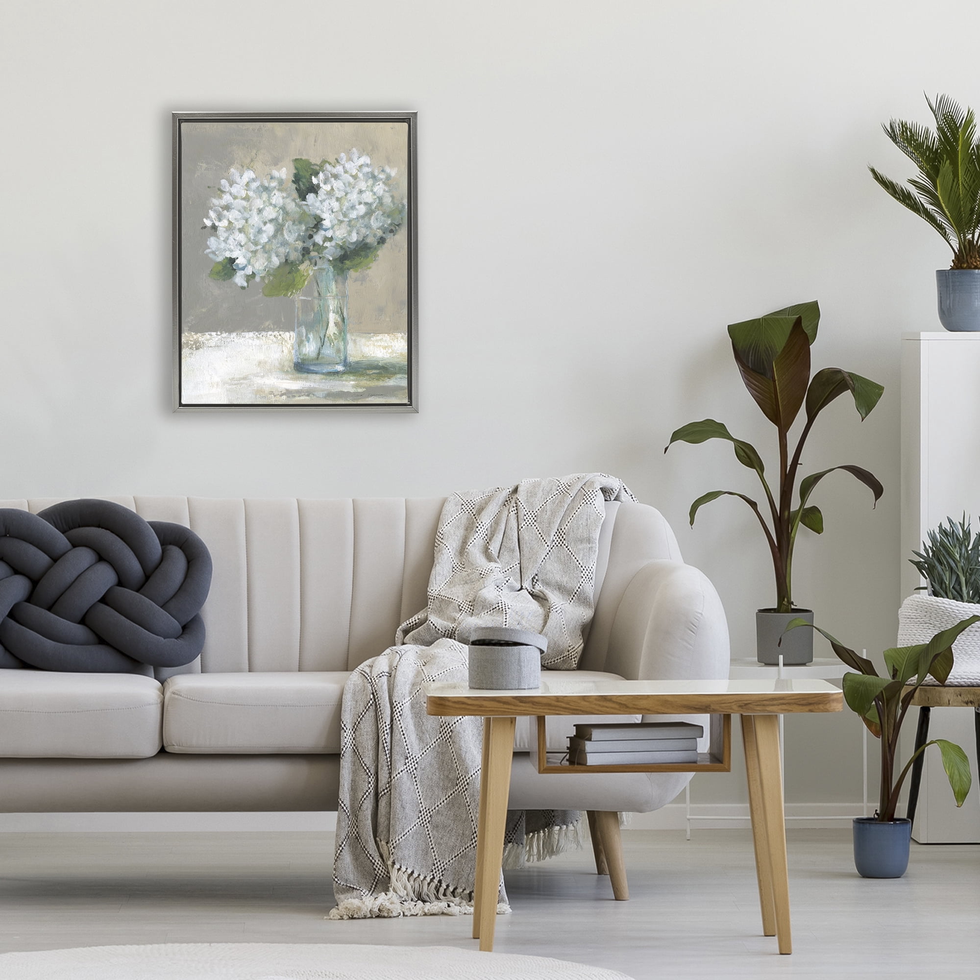 Stupell Industries White Hydrangeas Glass Vase Gray Framed Floater Canvas Wall Art, design by Carol Robinson