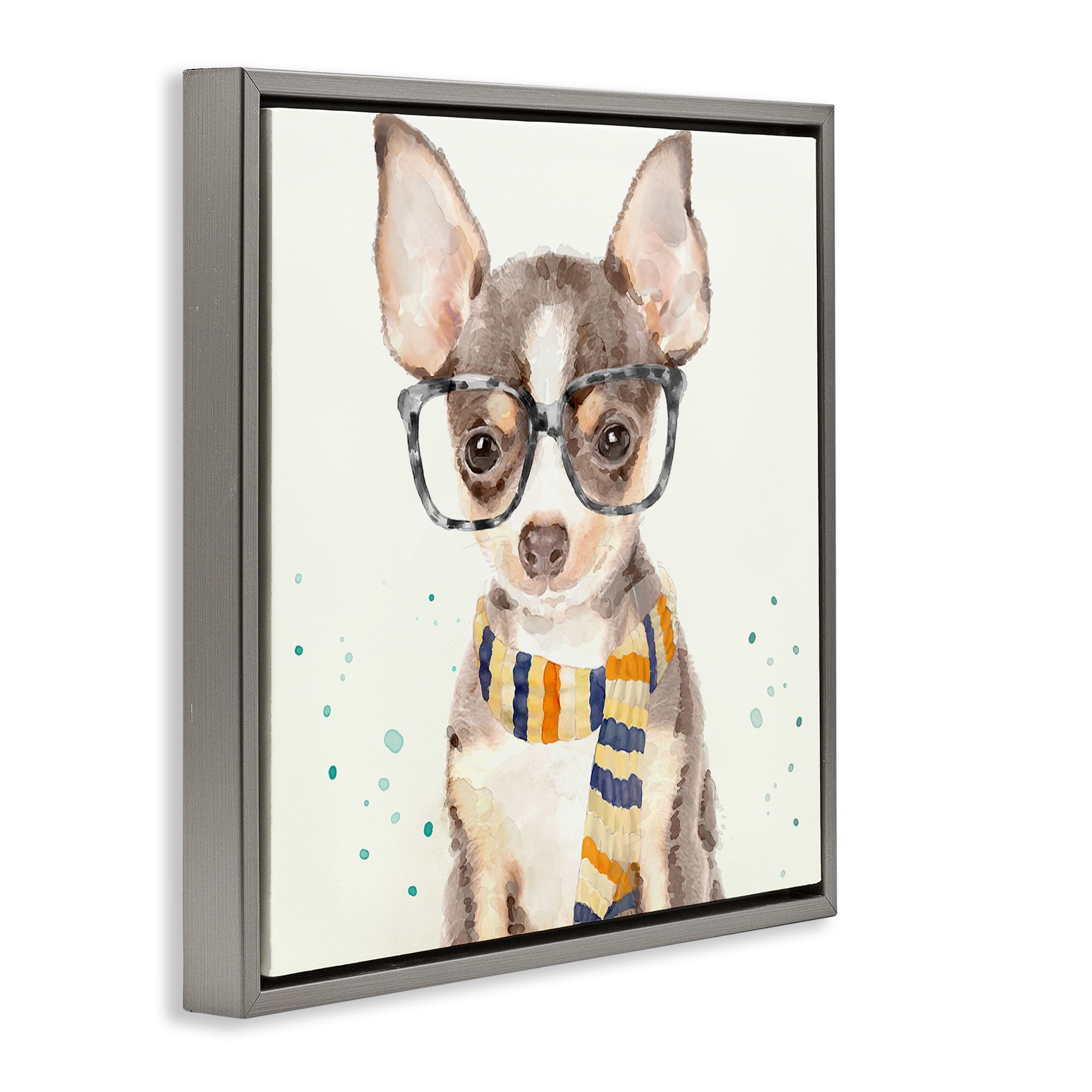 Stupell Industries Hipster Chihuahua Puppy Watercolor Animals & Insects Painting Gray Floater Framed Canvas Art Print Wall Art, 25 x 25