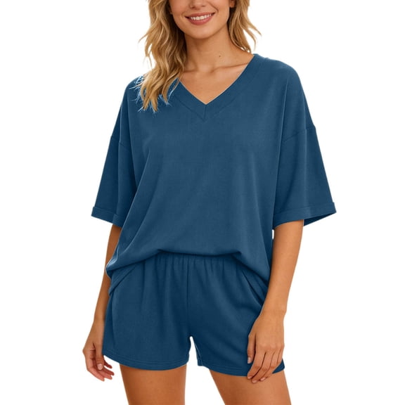 WAYUTE Womens 2 Piece Outfits V Neck Casual Short Sleeve Top and Shorts Beach Travel Outdoor Solid Color Summer Outfit