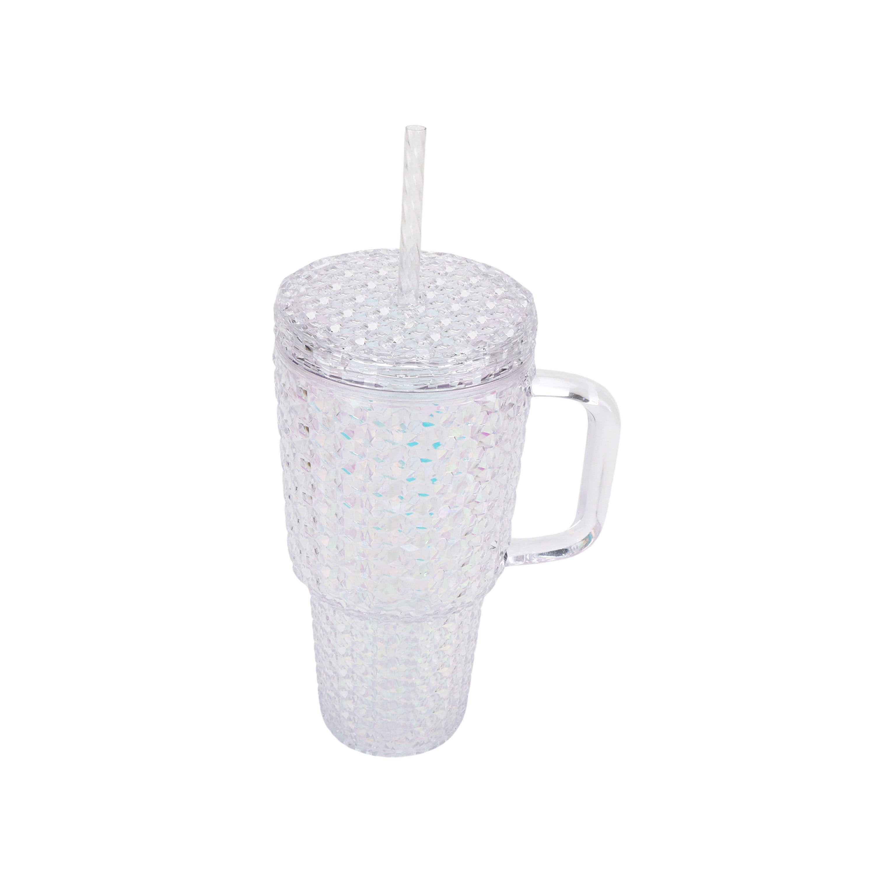 Holiday Time 30 oz Plastic Double Wall Insulated Prismatic Textured Tumbler with Straw and Handle, White Iridecent