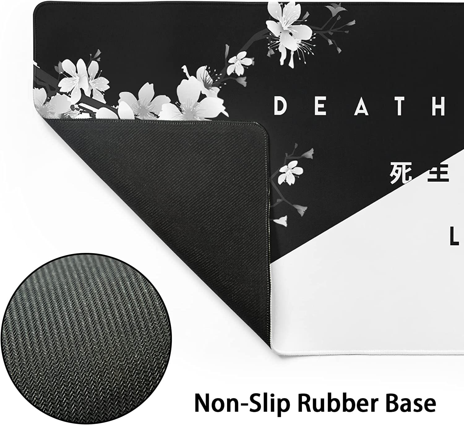Black White Cherry Blossom Mouse Pad Japanese Sakura Death Life Extended Desk Mat 80X30 cm Non-Slip Rubber Base Stitched Edge Large XL Playmat for Gaming Laptop Computer PC Desktop,31.5×11.8 Inch