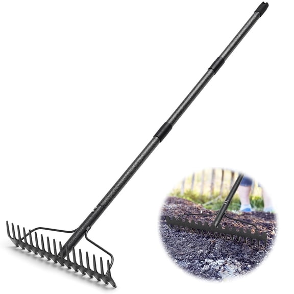 IHOMEPARK 6ft Garden Rake for Gathering Leaves Loosening Leveling Soil,  17 Tines Metal Rake  for Leaves with Adjustable Handle