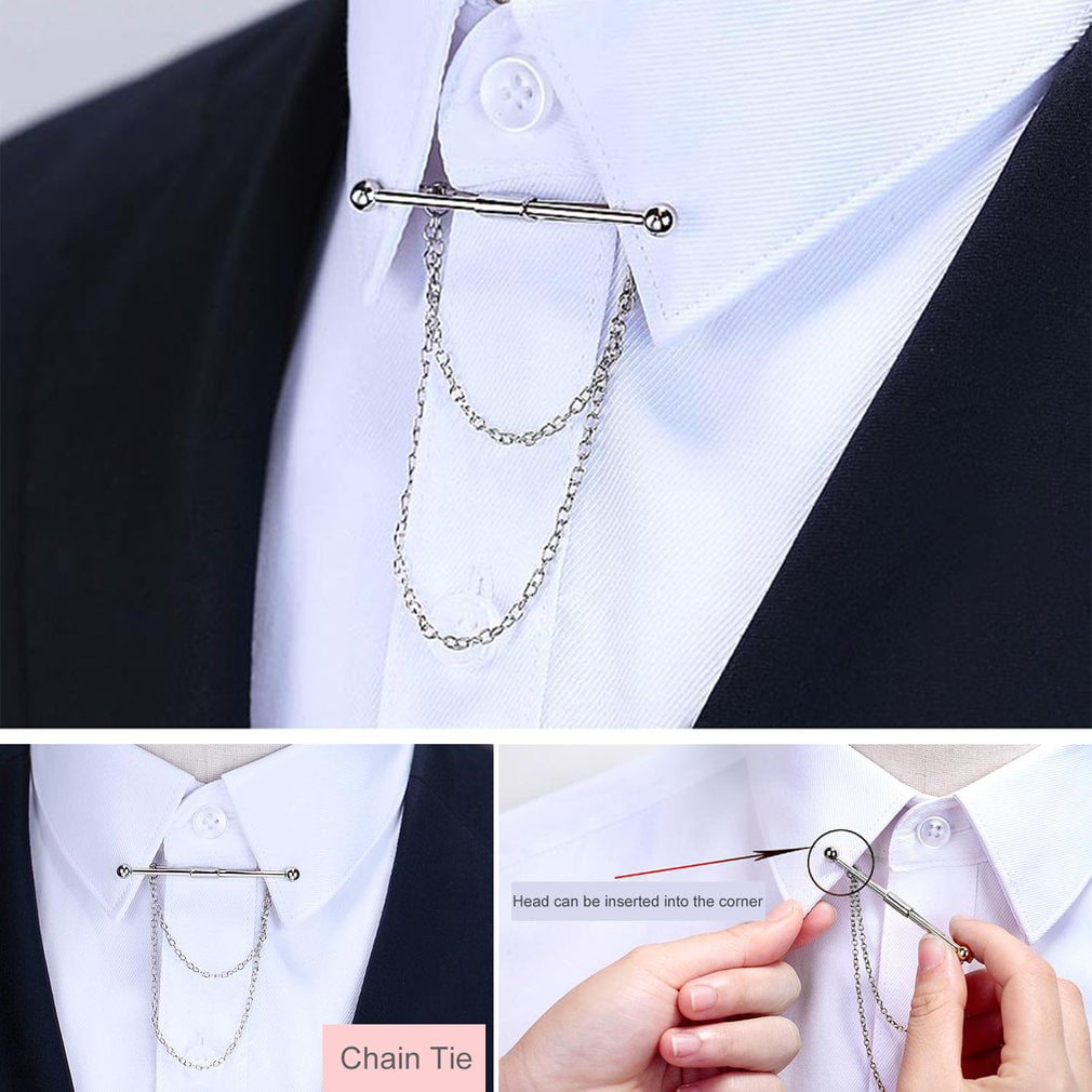 Men Stylish Shirt Collar Clip Bar Pin Clip Chain Tie Brooch Necktie