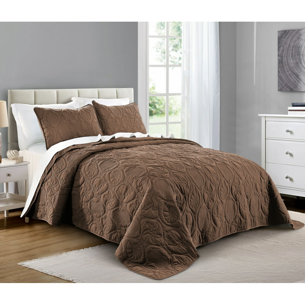 Quilt Set Full/Queen Size Mocha Oversized Bedspread Soft Microfiber