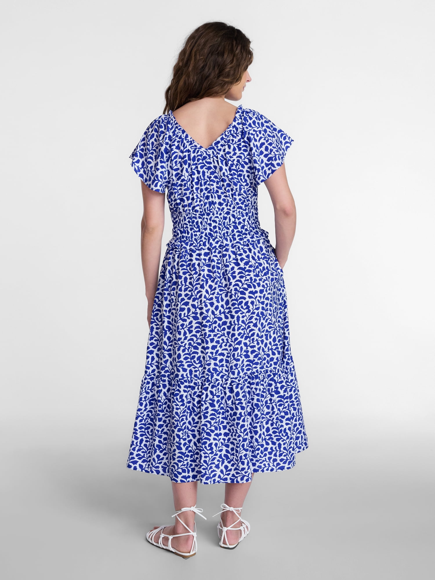 Time and Tru Women's Tiered Midi Dress with Flutter Sleeves, Sizes XS-XXXL
