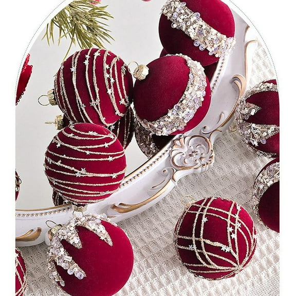 Velvet Christmas Balls Ornaments Set, 12Pcs Flocking Painted Balls, Christmas Tree Hanging Decorations Assortment, for Holiday Birthday Wedding Xmas Party Decor, Shatterproof Xmas Baubles Decorative