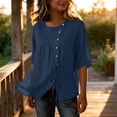 thumbnail image 4 of Mifsaly Vacation Tops for Women Button Down Short Sleeve Linen Shirts with Drawstring Hem Lightweight Flowy Loose Fit Textured Summer Boho Clothes Blue,L, 4 of 7