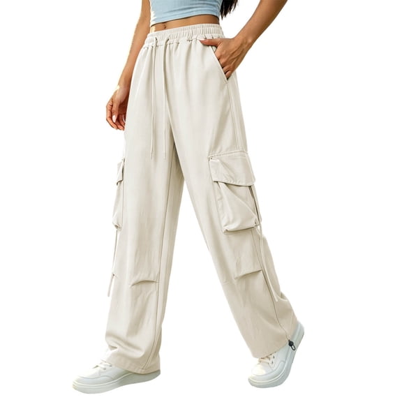 Ozmmyan Wide Leg Sweatpants for Womens Lightweight Cargo Pants Drawstring High Elastic Waist Baggy Utility Trousers with Multiple Pockets