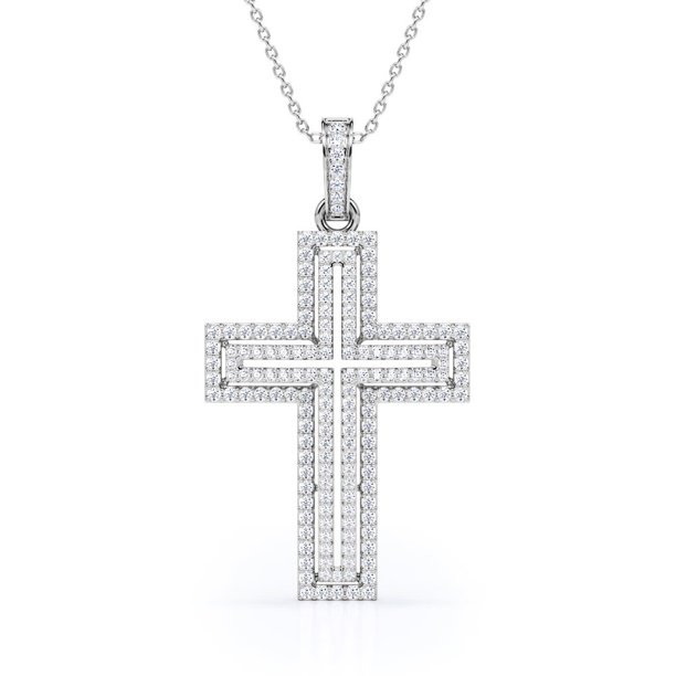 Collar con Colgante de Cruz Pavé de Moissanita JeenMata de 2 Capas En Baño de Oro Blanco de 18 K sobre Plata