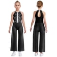 thumbnail image 1 of Ocealan One Piece Rompers Overall for Girls Rhinestones Dance Bodysuit Disco Party Wide Leg Pants Playsuit Black 6, 1 of 4