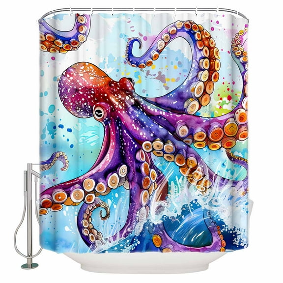 54x78 Inch Shower Curtain Decorative Watercolor Octopus Bathtub Bath Curtains Fabric Waterproof Bathroom Decor Funny Ocean Surfing Waves Small Stall Shower Curtain Set with 12 Hooks