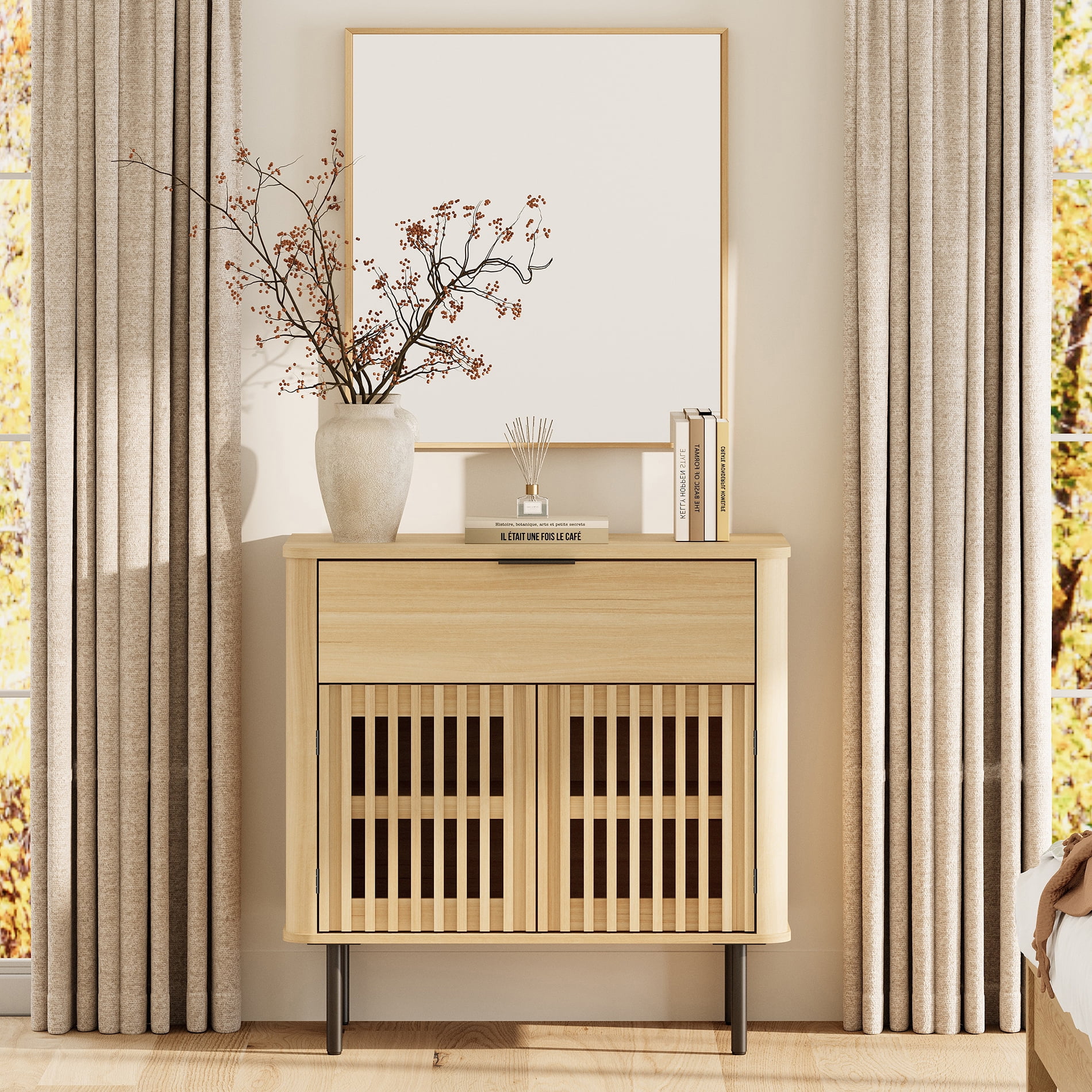 31.5" Sideboard Buffet Cabinet with Storage - Fluted Kitchen Credenza Cabinet with Pop-up Doors and Drawer, Oak