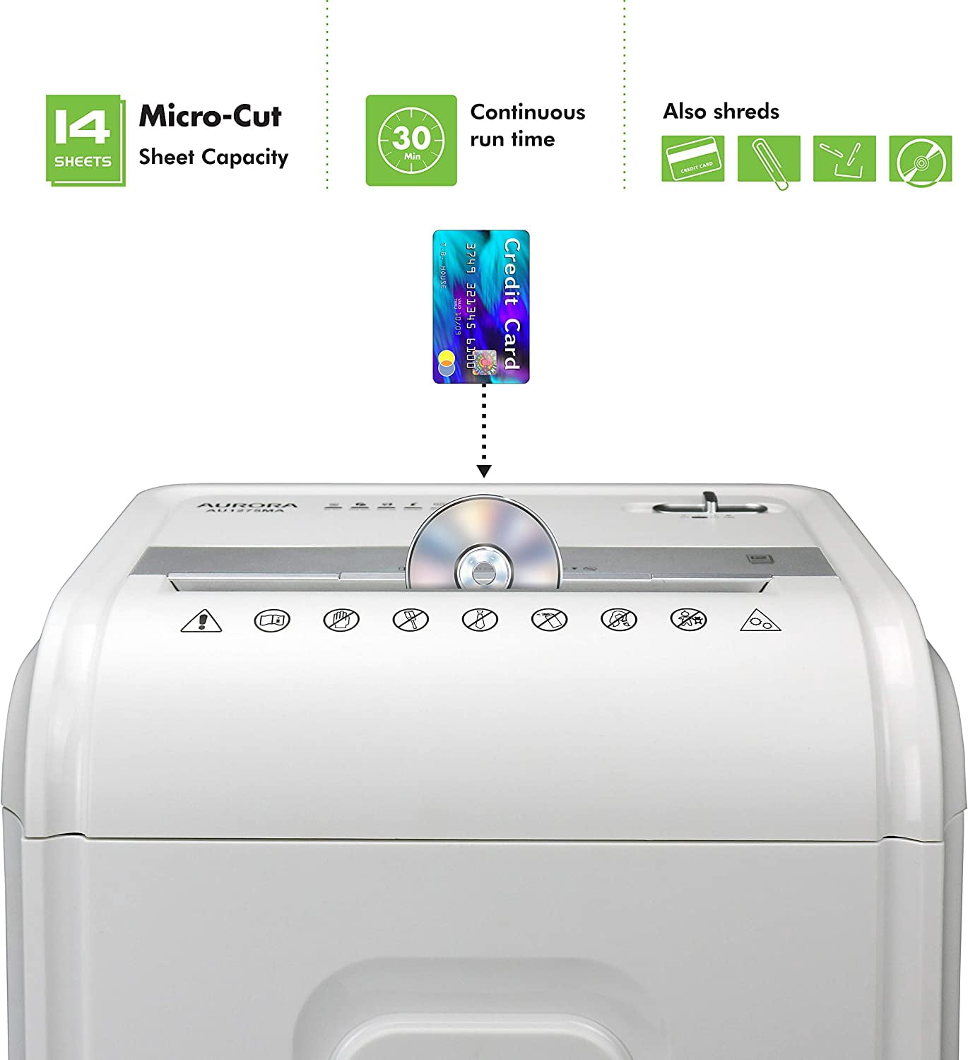 AU1480MA Professional Grade 14-Sheet Micro-Cut Paper and CD/Credit Card Shredder/ 30 Minutes Continuous Run Time, White/Gray
