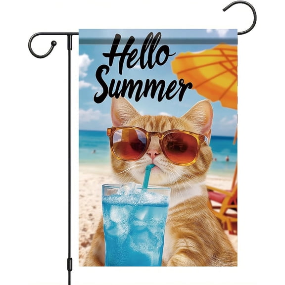 Summer Garden Flag Orange Tabby Cat Beach Banner 12x18 Inch Double Sided Yard Outdoor Decoration for Porch Lawn Pool Tropical Pet Home Decor Seasonal Holiday