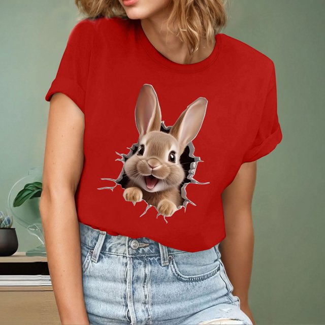 Ounisa T-Shirts à Manches Courtes pour Femmes Col Rond Imprimé Lapin de Pâques Tissu Doux Coupe Ample Printemps Été 2026 Mode Décontractée Quotidienne Confortable Tendance Basique Hauts P-2TG