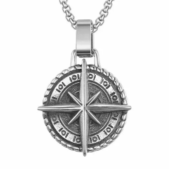 K-KED Stainless Steel North Star Compass Pendant Necklace Silver Gold W Strong Chain-Steel ribbon chain