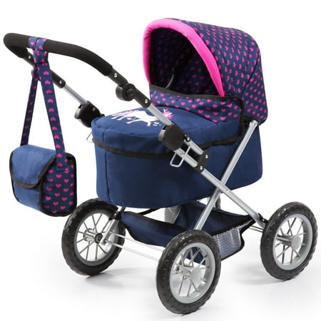 Bayer Design Doll Blue/Pink Trendy Pram W/ Shoulder Bag, Adjustable Handle, Shopping Basket, Easy To Fold, Children Ages 3+