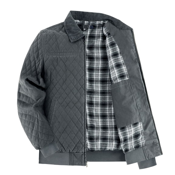 hlysgo Mens Quilted Jackets Winter Warm Plaid Lined Padded Coats with Inner Pockets Heavyweight Business Casual Outdoor Work Jacket Gray L