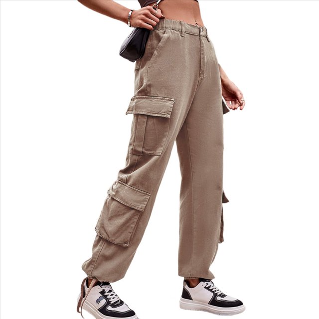 Pantalones Cargo para Mujer, Cintura Alta, Pierna , Holgados, Estilo Y2K, con 8 Bolsillos Caqui XXL