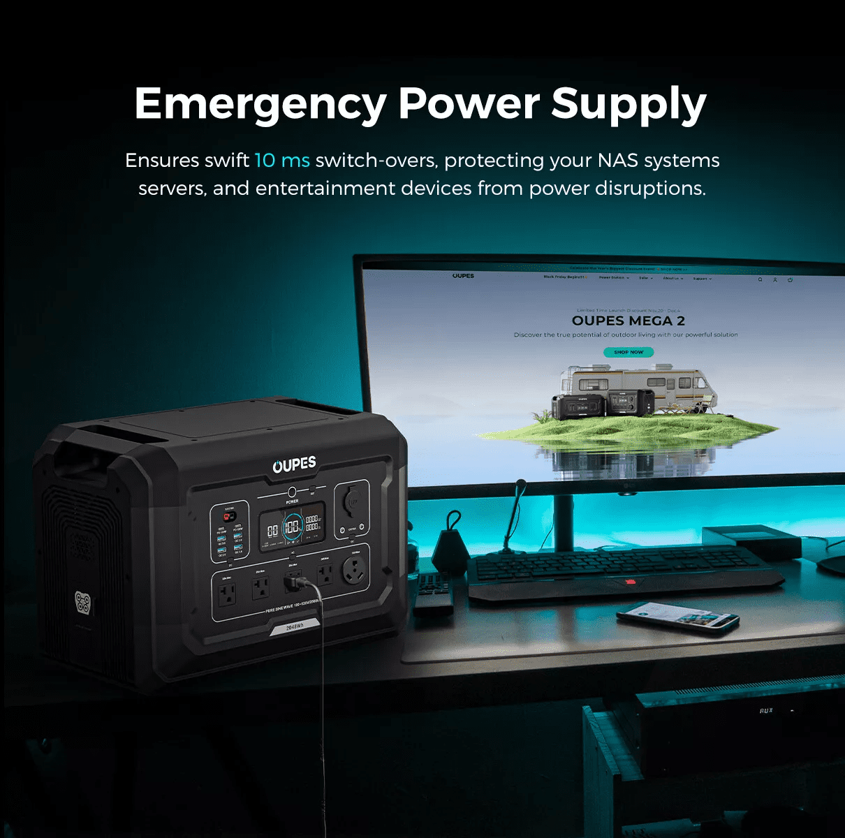 OUPES Mega 2 Portable Power Station 2400W 2048Wh + 2x240w Solar Panel Solar Generator for Outdoor