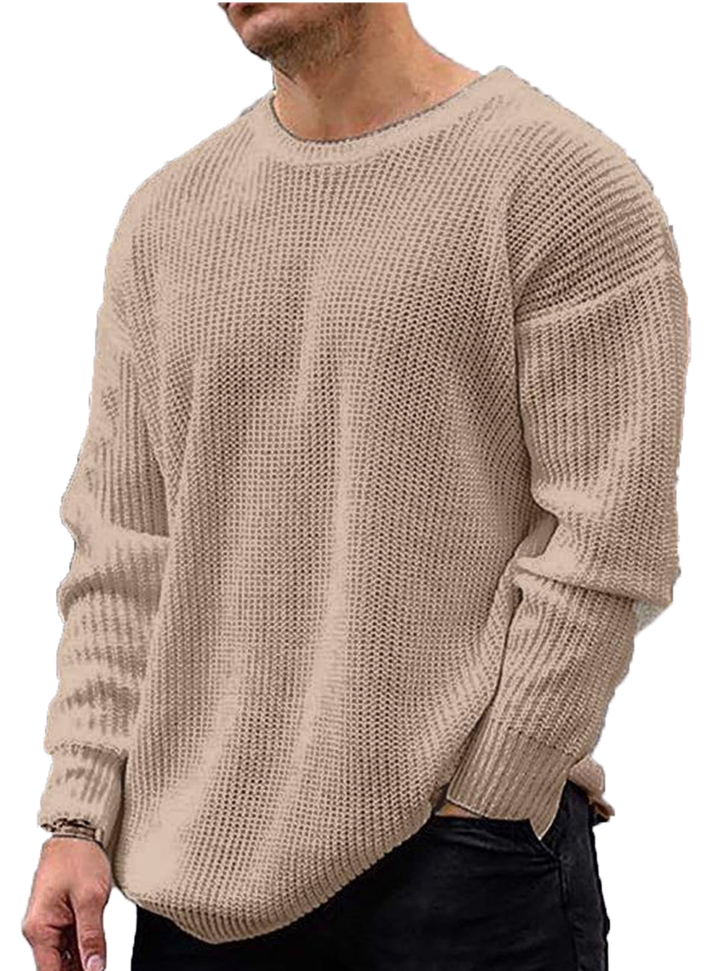 Fieer Mens Warm Crew Neck Solid Long Sleeve Knit Lounge Cozy Sweater Top 