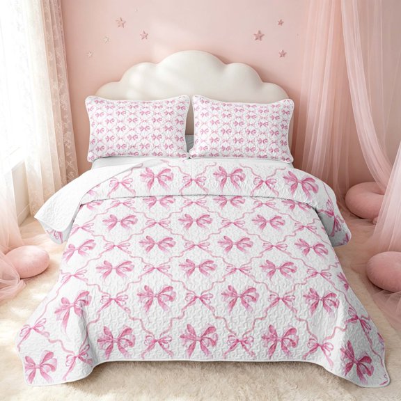 Erosebridal Cute Bow-Tie Twin Quilt Set, Chic Bowtie Twin Coverlet Set, Pink Reversible, Watercolor Pink, 2 Pieces (1 Bedspread and 1 Pillowcase)