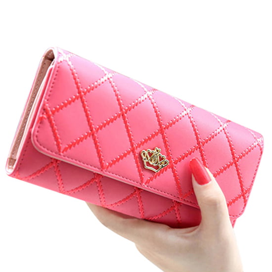 Women Quilted Crown Clutch Long Purse Faux Leather Wallet Card Holder  Handbag