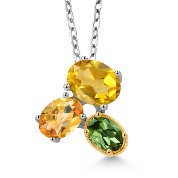 Gem Stone King 925 Silver and 10K Yellow Gold Yellow Citrine and Green Tourmaline Pendant Necklace for Women (2.55 Cttw, Oval 8X6MM, 7X5MM and 6X4MM, Gemstone November Birthstone, with 18 inch Chain)