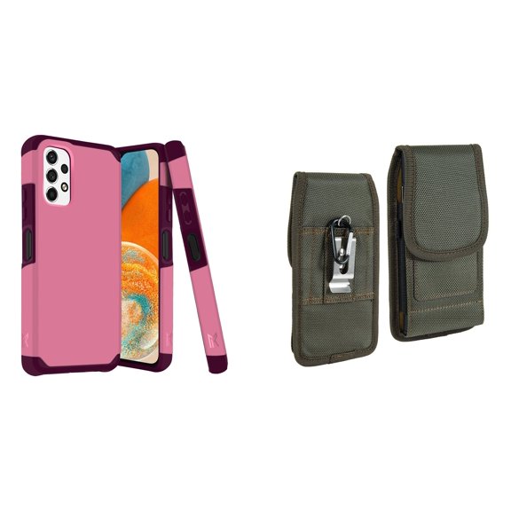 MK Armor Case for Samsung Galaxy A23 5G and Belt Holster Pouch (Pink/Green)