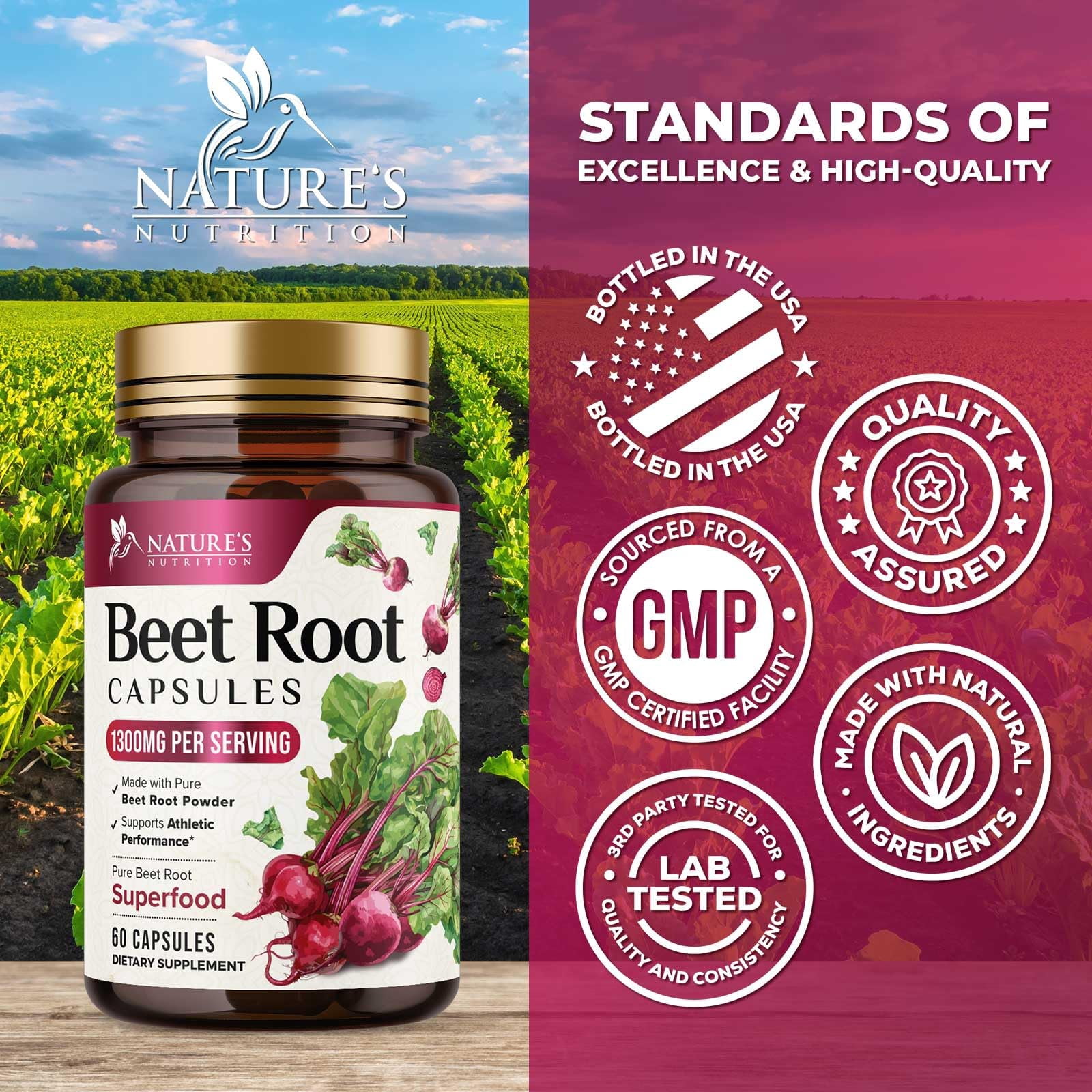 Organic Beet Root Capsules - 1300mg Extra Strength Beetroot Powder Supplement - Supports Nitric Oxide Production, Heart Health & Natural Energy - for Men & Women - Bottled in USA - 60 Veggie Capsules