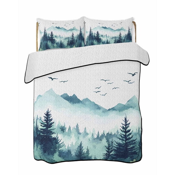 Turquoise Forest Summer Quilt Set Full Size, Soft Microfiber Quilted Bedding Set with 2 Pillow Shams, Mountains Birds Fog Tree Scenery Lightweight All Season Bedspread Coverlet for Bedroom 78"x90"