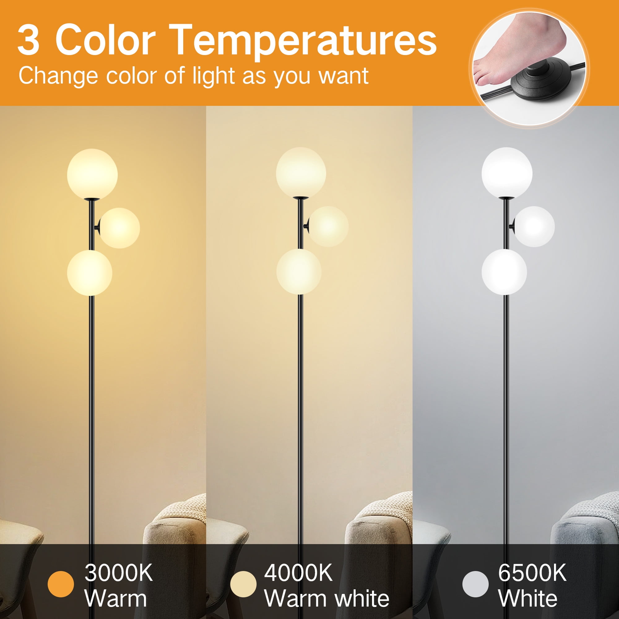 OUTON 71" Globe Floor Lamp for Living Room Clearance, Modern 3 light Standing Lamp with 3 Colors Temperatures, Dimmable Tall Lamp for Bedroom Office, Bulbs Included, Black