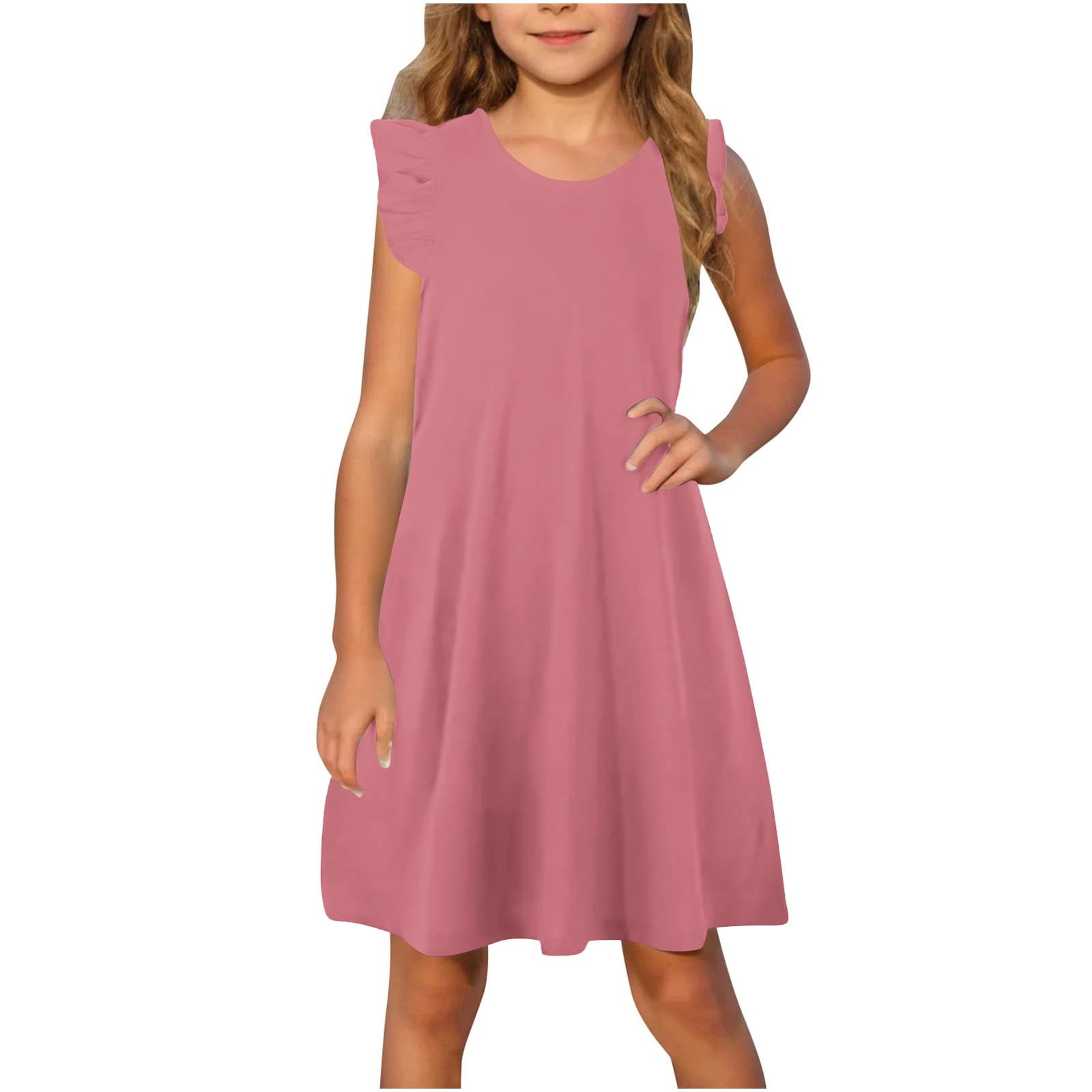 zbxnLI Girls Ruffle Sleeve Dress Solid Color Casual Crew Neck A
