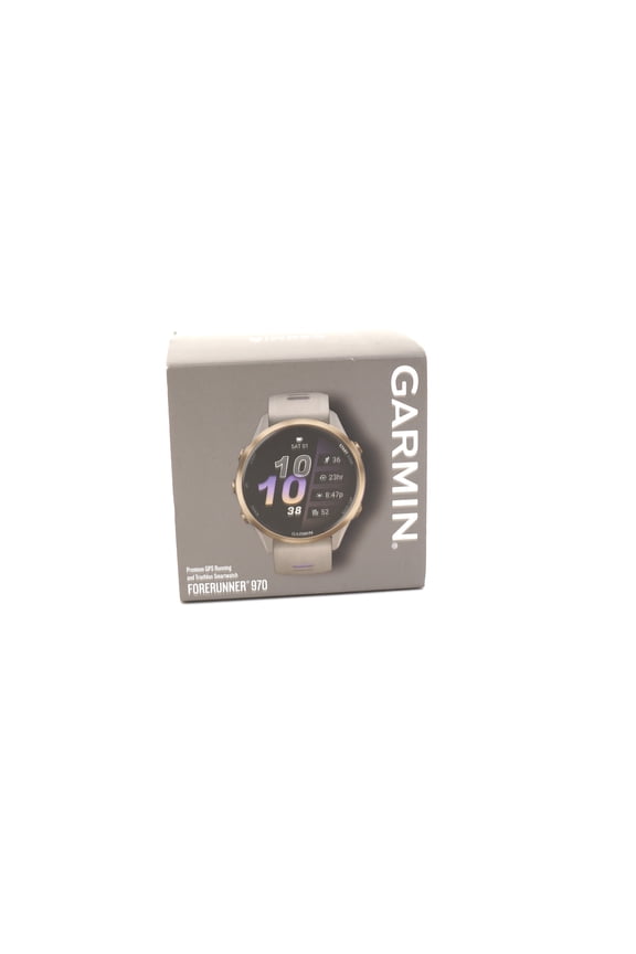 Pre-Owned Garmin Forerunner 970, Premium GPS Running and Triathlon Smartwatch, AMOLED Display, Built-In LED Flashlight, Soft Gold Titanium with French Gray Case and French Gray/Translucent Indigo Band
