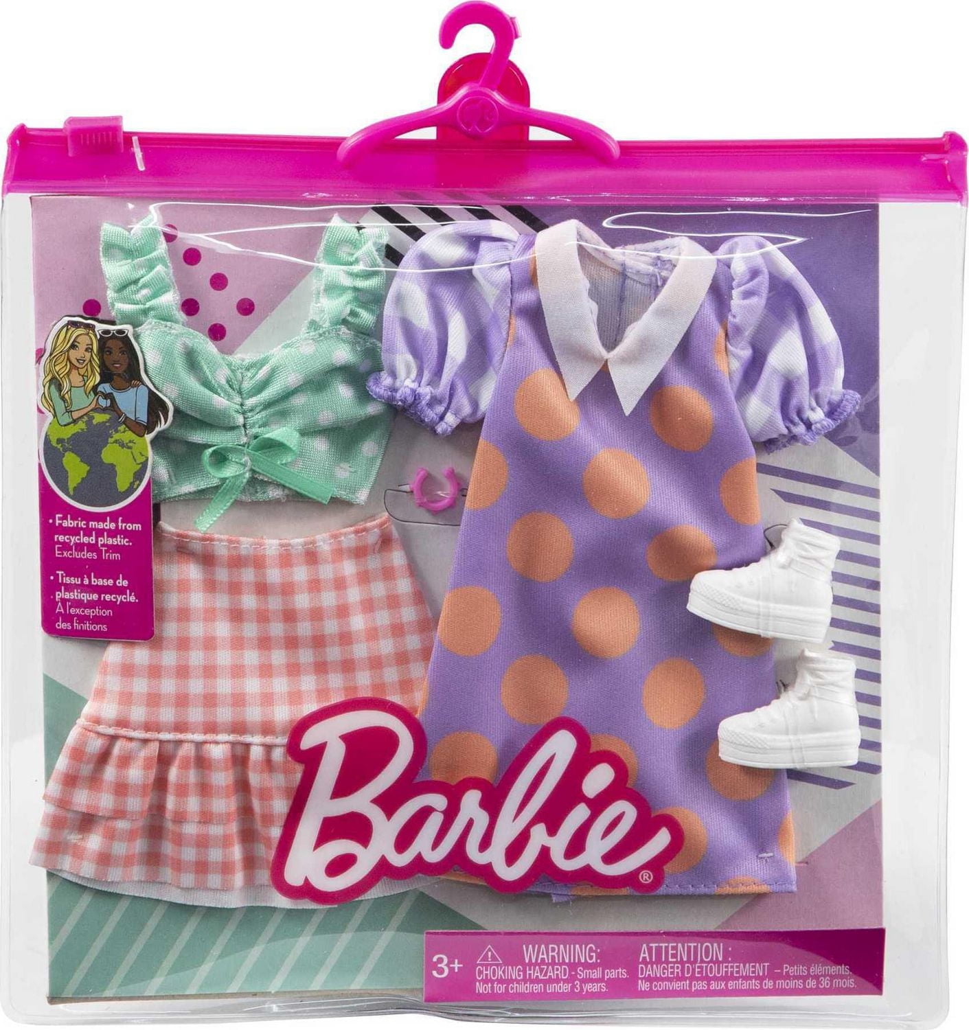 Barbie Fashions 2-Pack, 2 Outfits & 2 Accessories: Polka Dot Blouse & Gingham Skirt, Polka Dot Dress with Collar, Bracelet & Boots, Kids 3 to 8 Years Old
