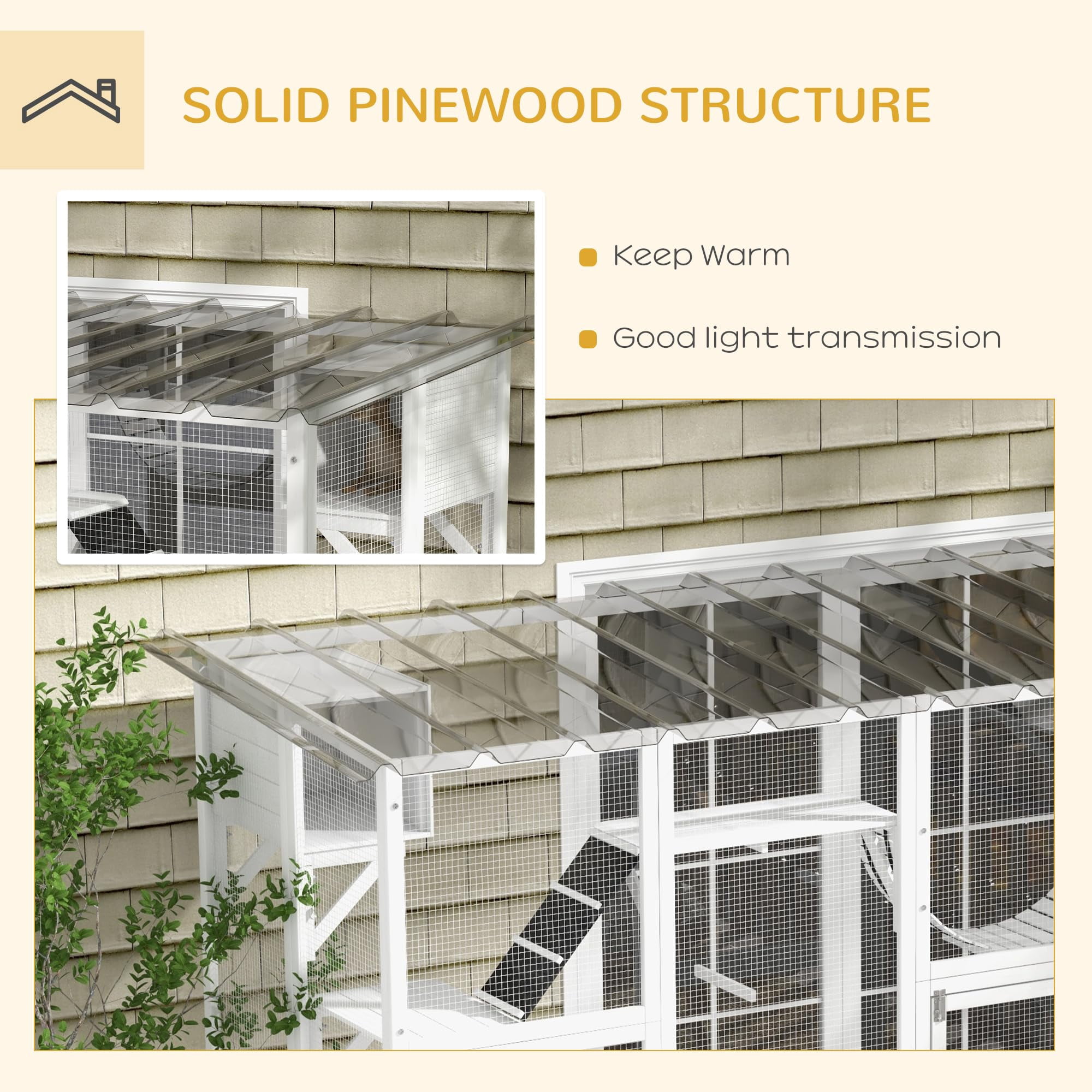 Wooden Catio Enclosure for Outdoor Cats with Shelves Bridges and Weatherproof Roof, Spacious Play Area for Multiple Kitties, White