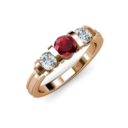 

Ruby and Diamond (SI2-I1 G-H) Bar Set Three Stone Ring 1.13 ct tw in 14K Rose Gold.size 8.5