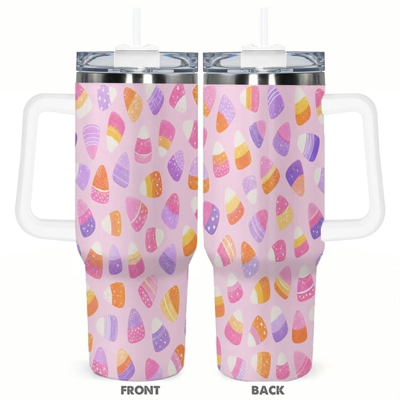 40oz Pastel Candy Corn Halloween Car Tumbler Insulated Travel Cup with Handle and Straw Lid Cute Fall Gift