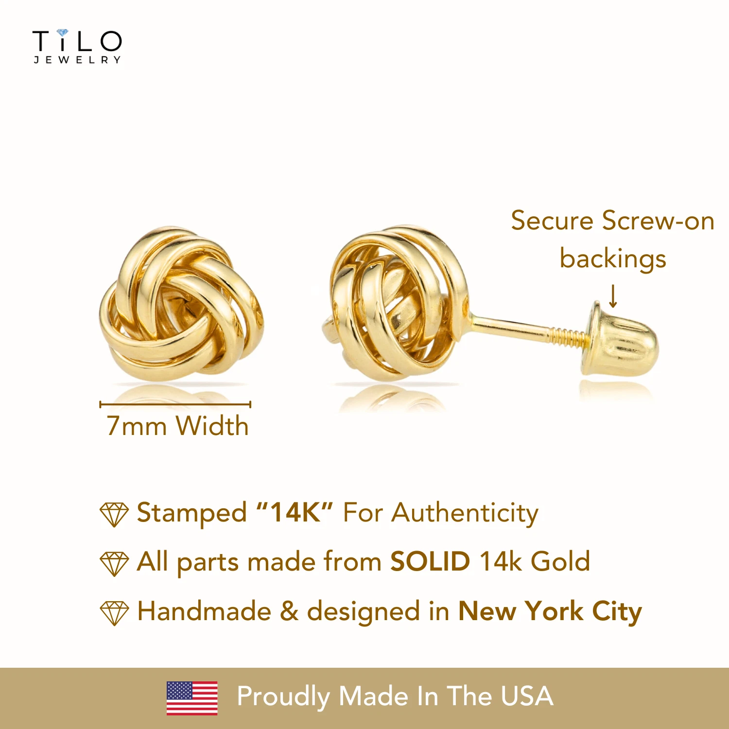 Tilo Jewelry 14K Yellow Gold Classic Polished love Knot Stud Post Earrings with Secure Screw-Backs | 7MM | Women & Unisex