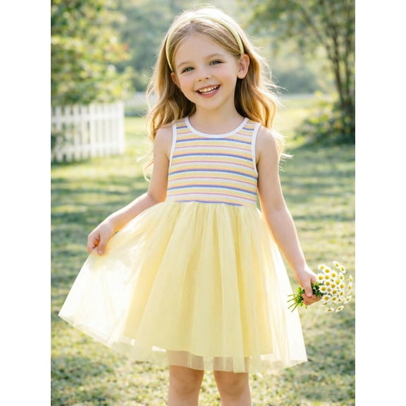 HILEELANG 2-7T Toddler Little Girls Multicolor Striped Ribbed Tulle Dress, Soft Yellow Sleeveless Summer Sundress,6Y