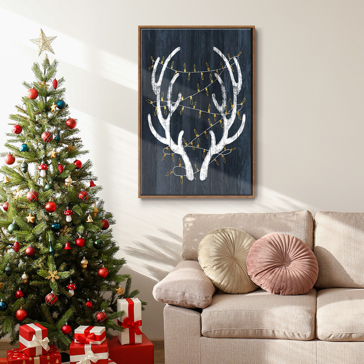 Antlers & Lights - Framed Gallery Wrapped Holiday Canvas - 17 x 25 - Rosewood Frame