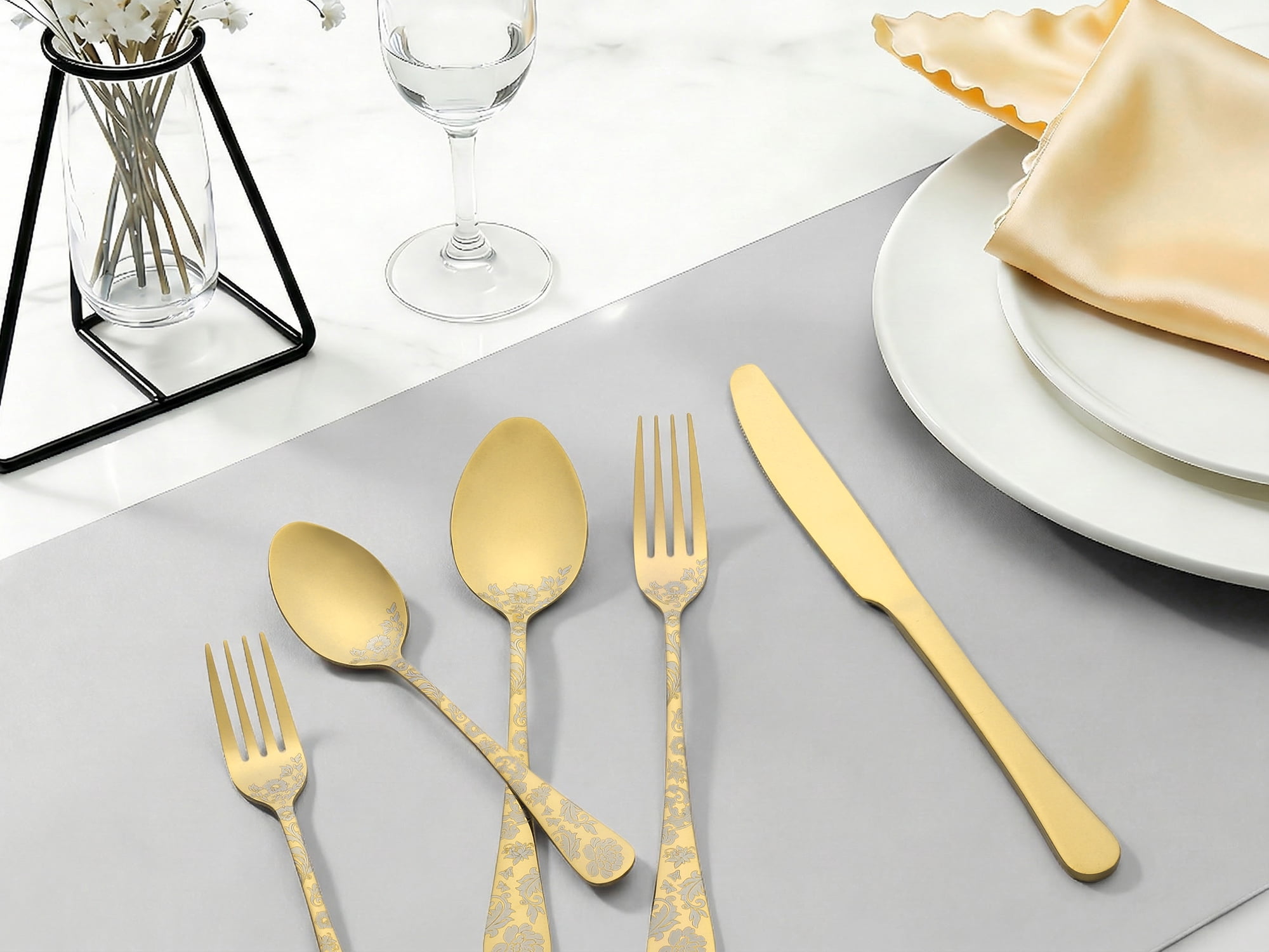 Unique Bargains 20 Pieces Floral Stainless Steel Flatware Set for 4 Gold