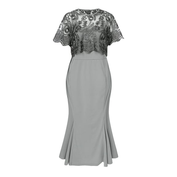 TiaoBug Womens Floral Lace Bodycon Dress Short Sleeve Midi Mermaid Wedding Guest Dress Party Gown Gray L/0XL
