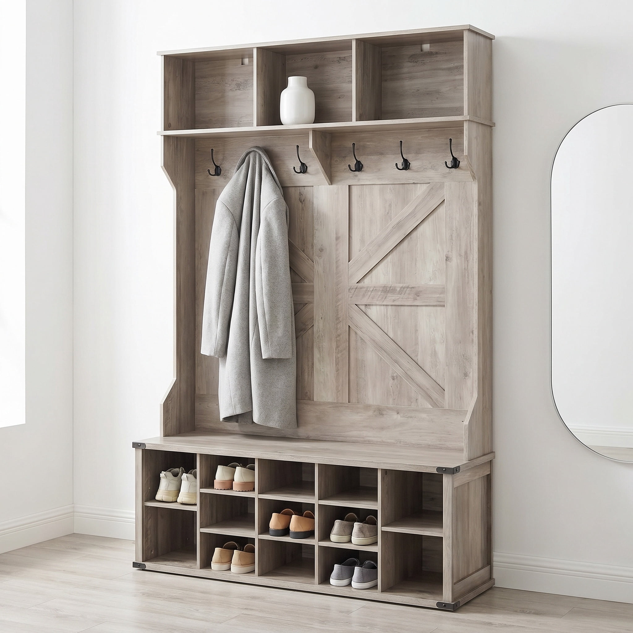 Nordic Hygge Farmhouse Hall Tree with 16-Compartment Shoe Storage & Bench, Heather Greige