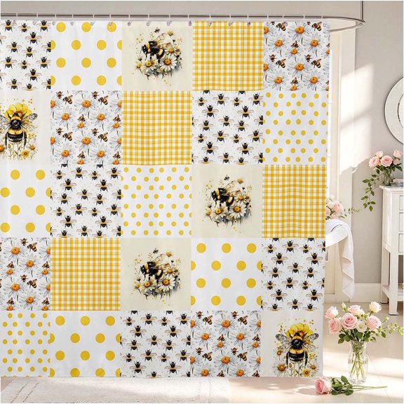 Erosebridal Lovely Bug Bee Shower Curtain 72Wx72L,Vintage Sunflower Floral Bathroom Curtain,Cream White