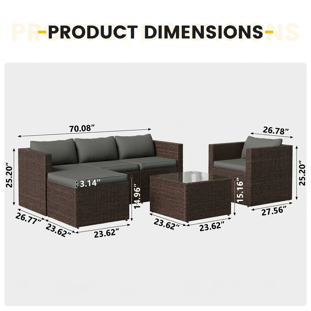UDPATIO 7-Piece Patio Furniture Set,Outdoor Patio Furniture Set All-Weather Rattan Wicker Patio Conversation Set with Ottoman, Single Chair, Cushions & Glass Table for Garden & Backyard, Gray